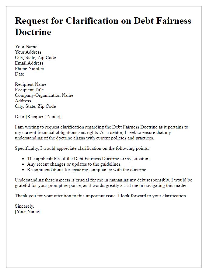 Letter template of request for debt fairness doctrine clarification