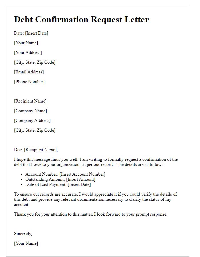 Letter template of debt confirmation request for clarification.