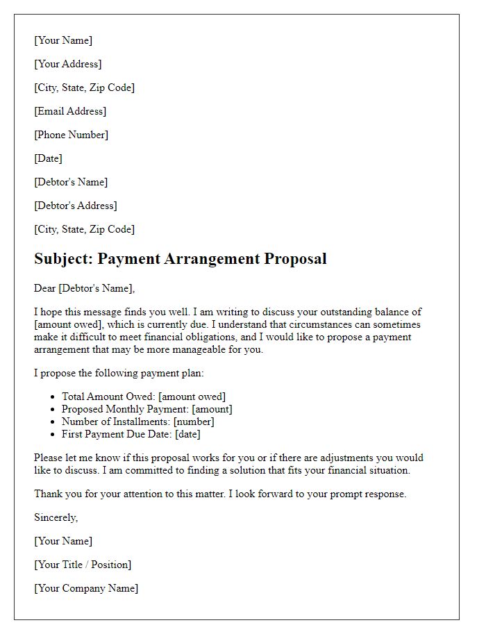 Letter template of payment arrangement proposal for a debtor.