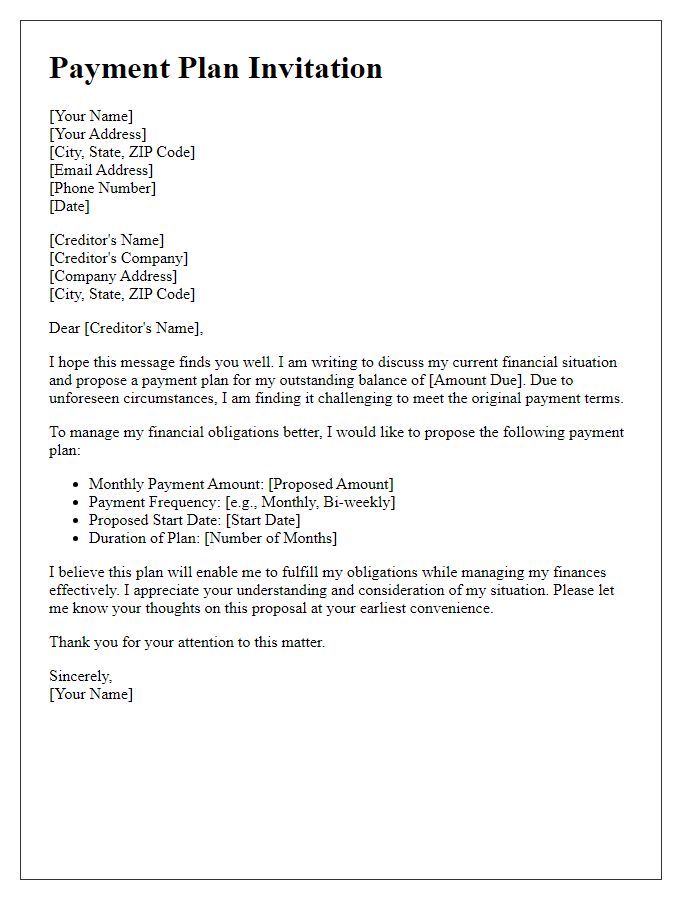 Letter template of payment plan invitation for a creditor.