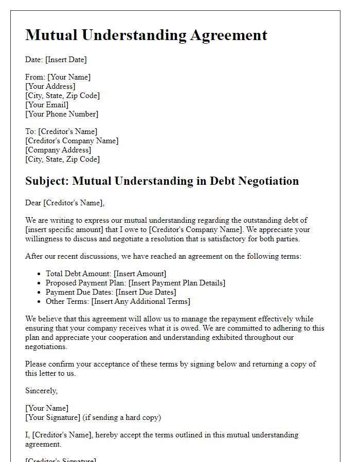 Letter template of mutual understanding in debt negotiation.