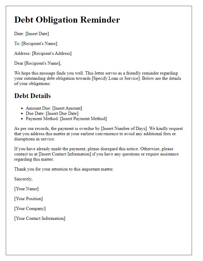 Letter template of sequenced debt obligation reminder.