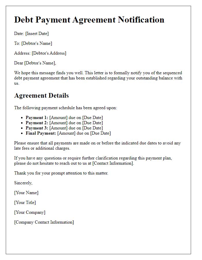 Letter template of sequenced debt payment agreement notification.