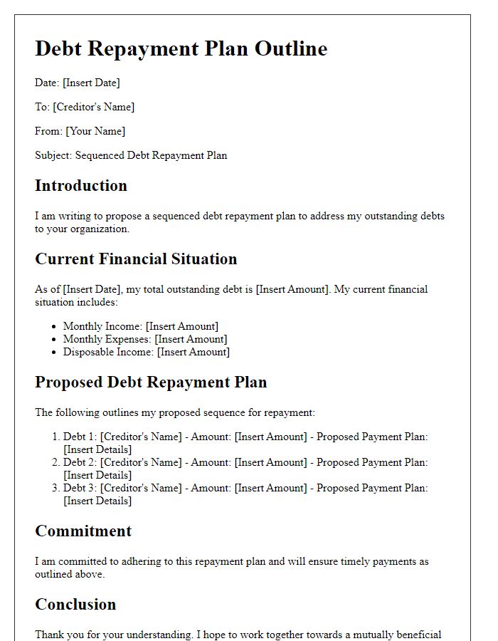 Letter template of sequenced debt repayment plan outline.