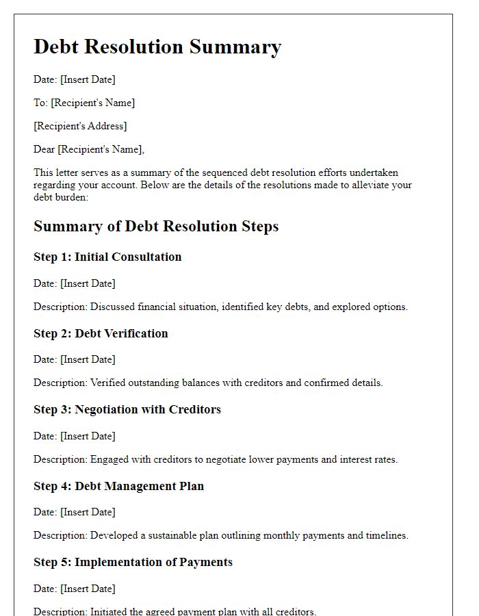 Letter template of sequenced debt resolution summary.