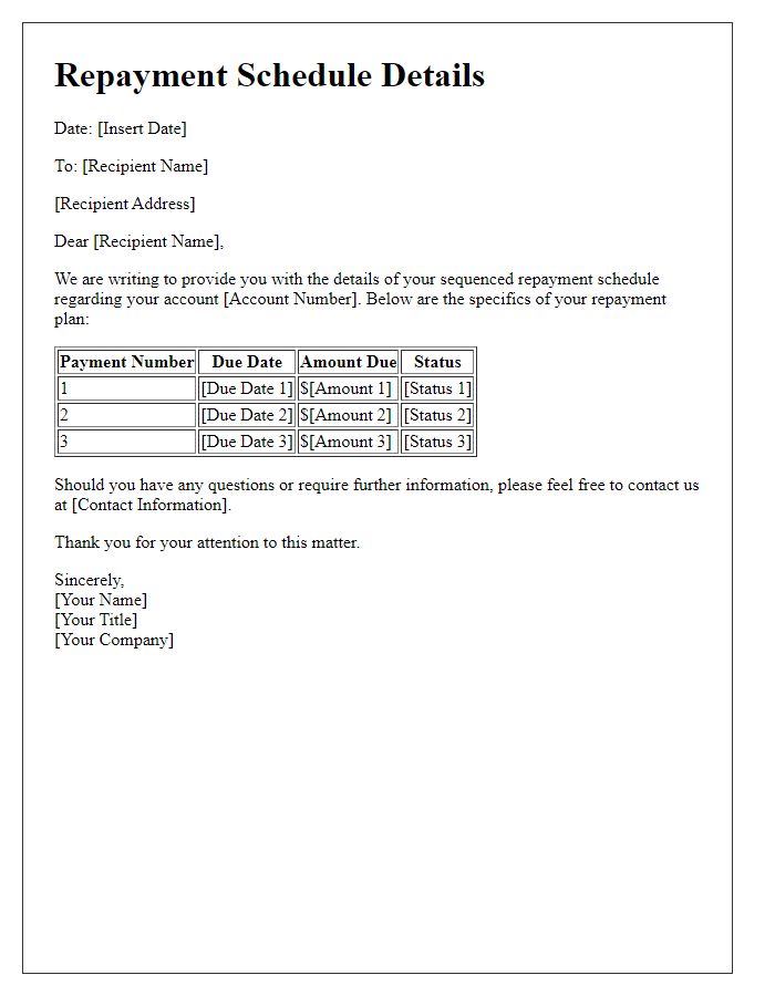 Letter template of sequenced repayment schedule details.