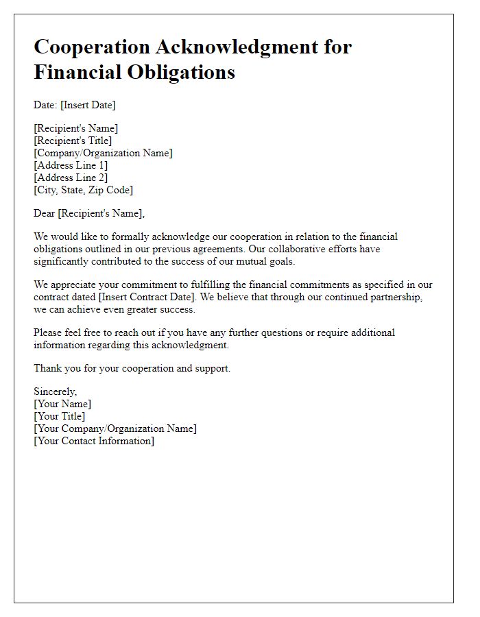 Letter template of cooperation acknowledgment for financial obligations