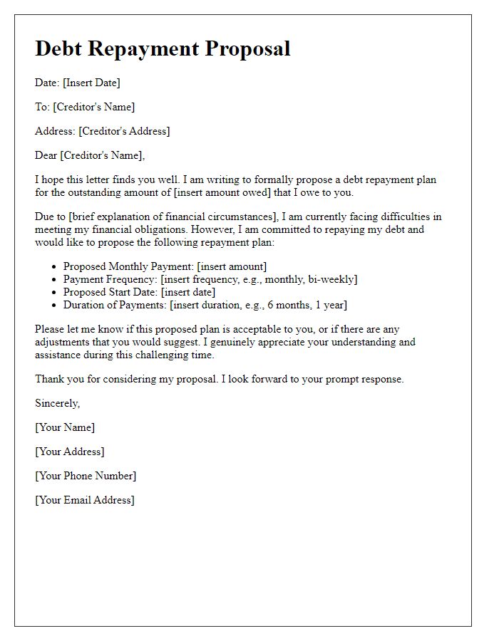 Letter template of debt repayment proposal for creditors