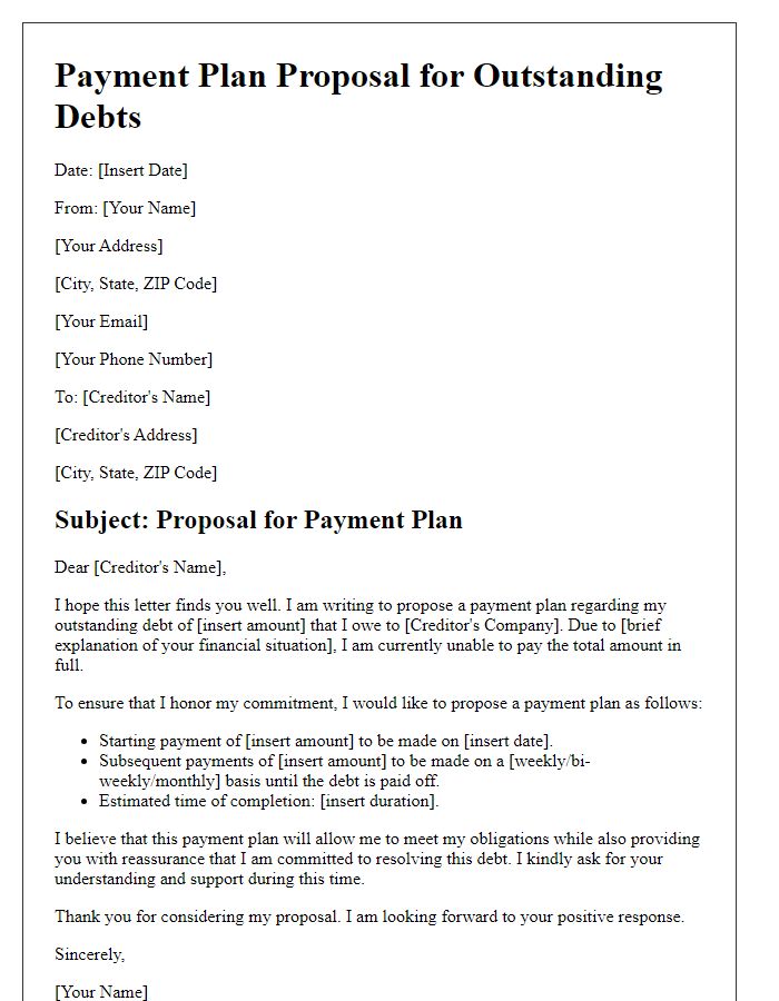 Letter template of payment plan proposal for outstanding debts