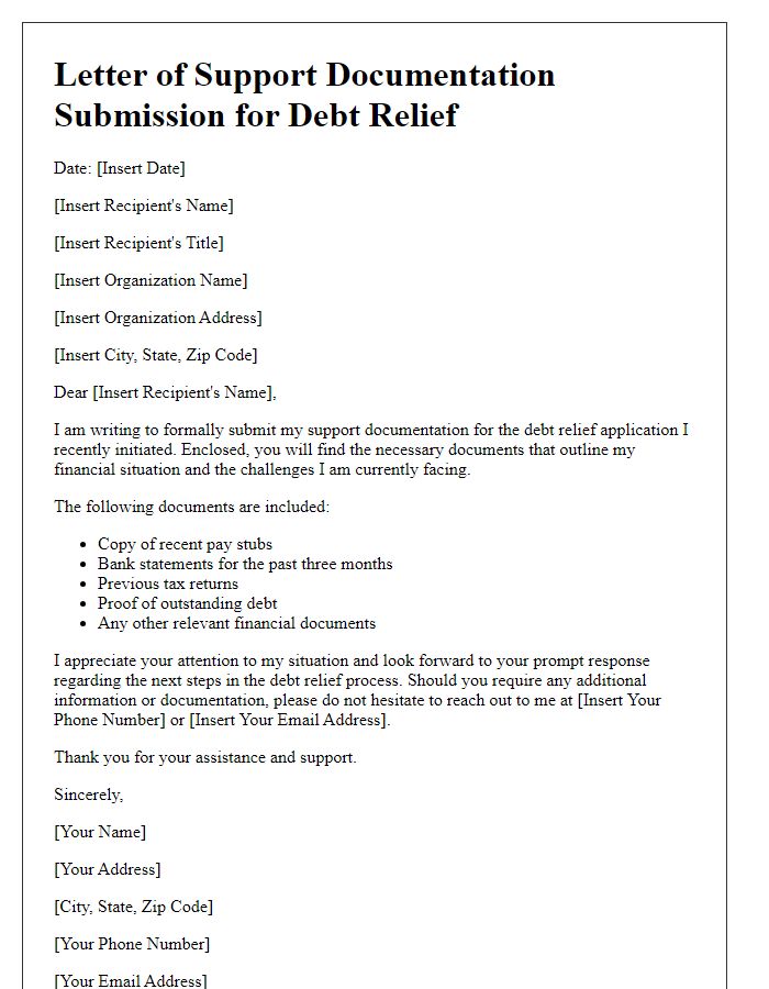 Letter template of support documentation submission for debt relief