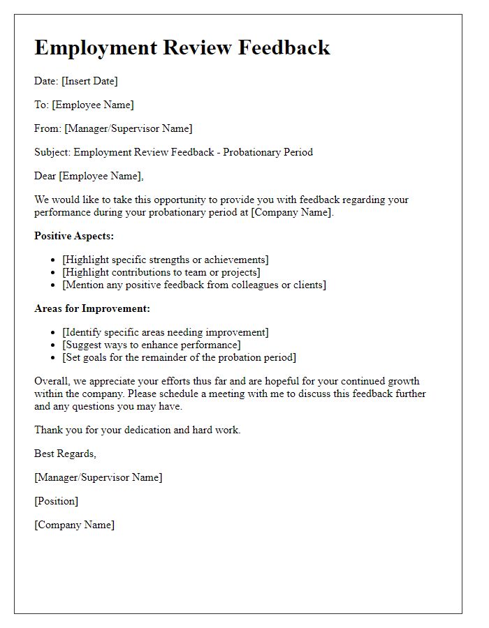 Letter template of employment review feedback during probation.