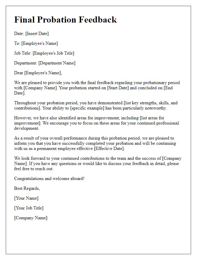 Letter template of final probation feedback for employment applications.