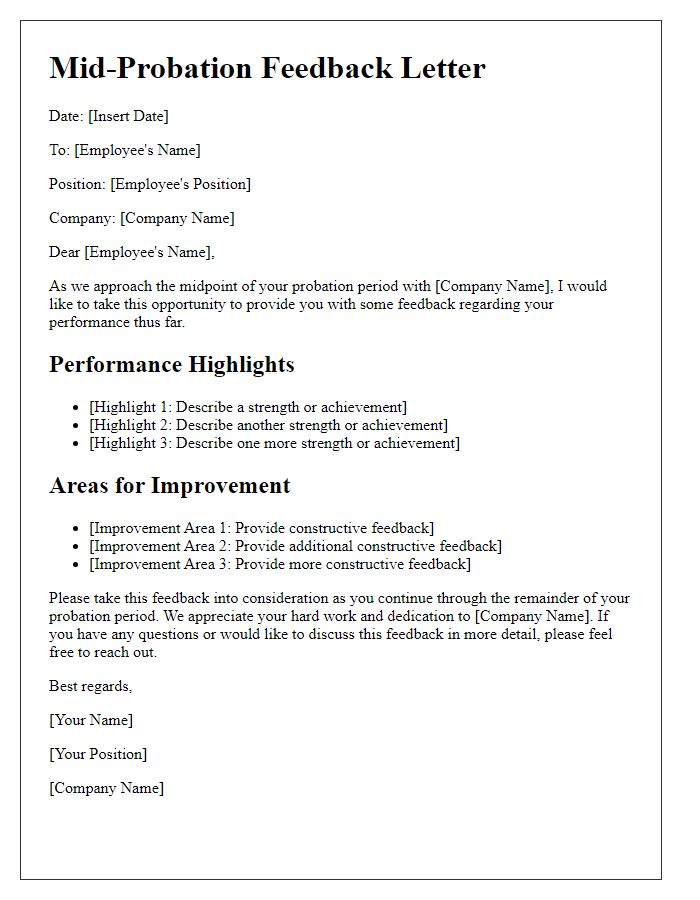 Letter template of mid-probation feedback for employment consideration.