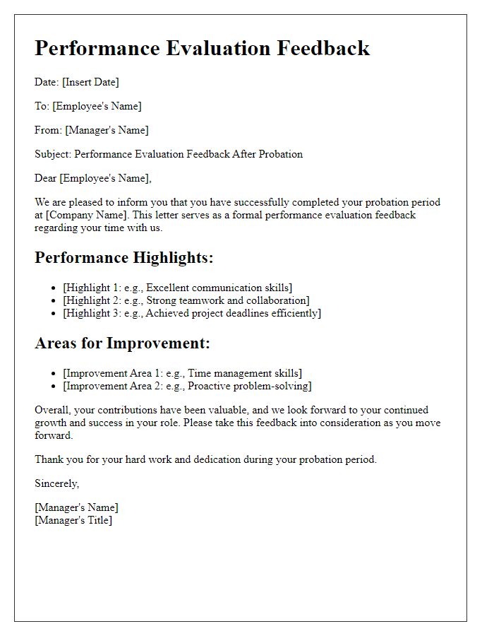 Letter template of performance evaluation feedback after probation.