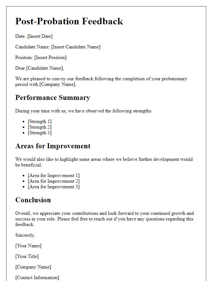 Letter template of post-probation feedback for job candidates.