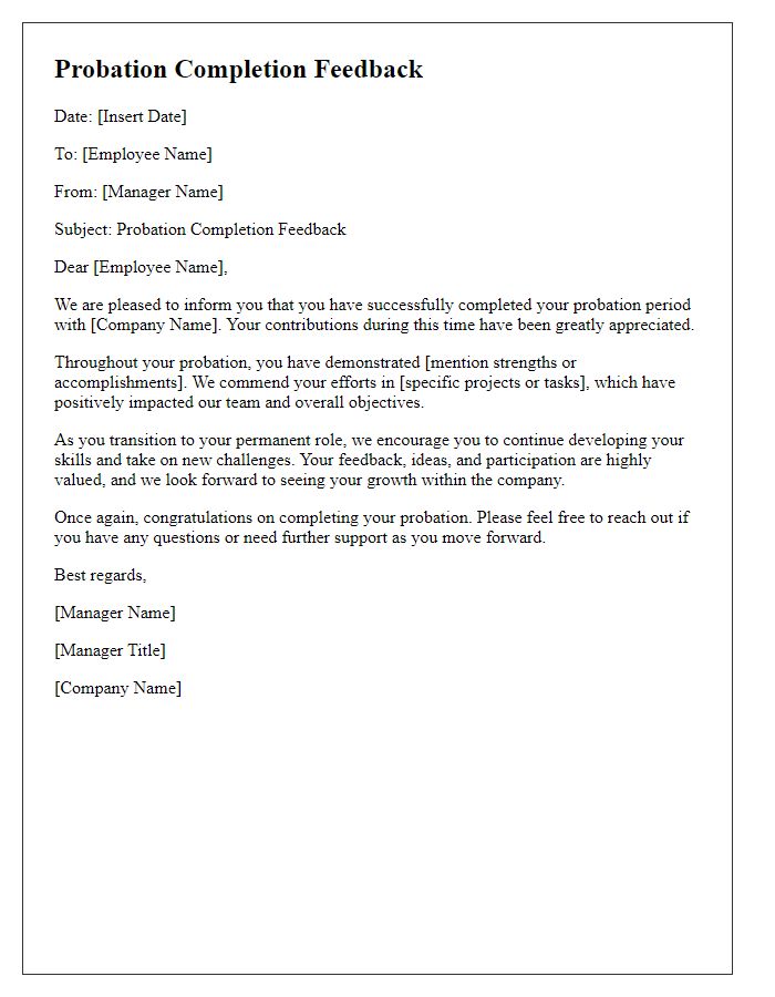 Letter template of probation completion feedback for a job applicant.