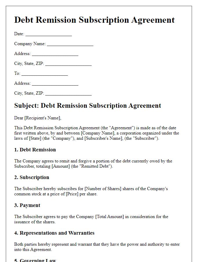 Letter template of Debt Remission Subscription Agreement for Corporations