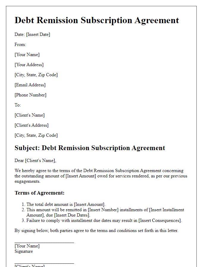 Letter template of Debt Remission Subscription Agreement for Freelancers