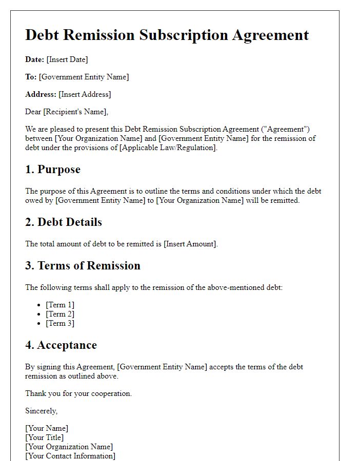 Letter template of Debt Remission Subscription Agreement for Government Entities