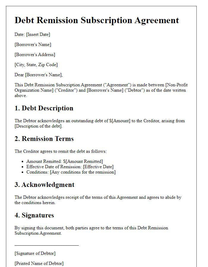 Letter template of Debt Remission Subscription Agreement for Non-Profit Organizations