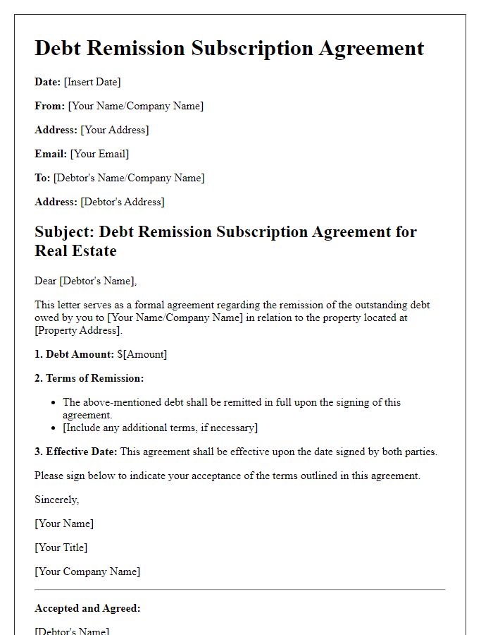 Letter template of Debt Remission Subscription Agreement for Real Estate