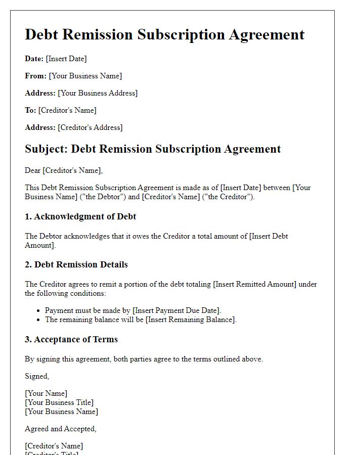 Letter template of Debt Remission Subscription Agreement for Small Businesses