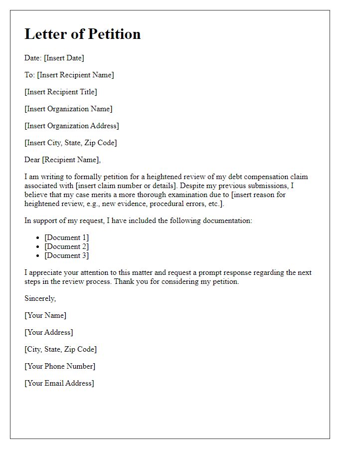 Letter template of petition for heightened review of debt compensation claim.