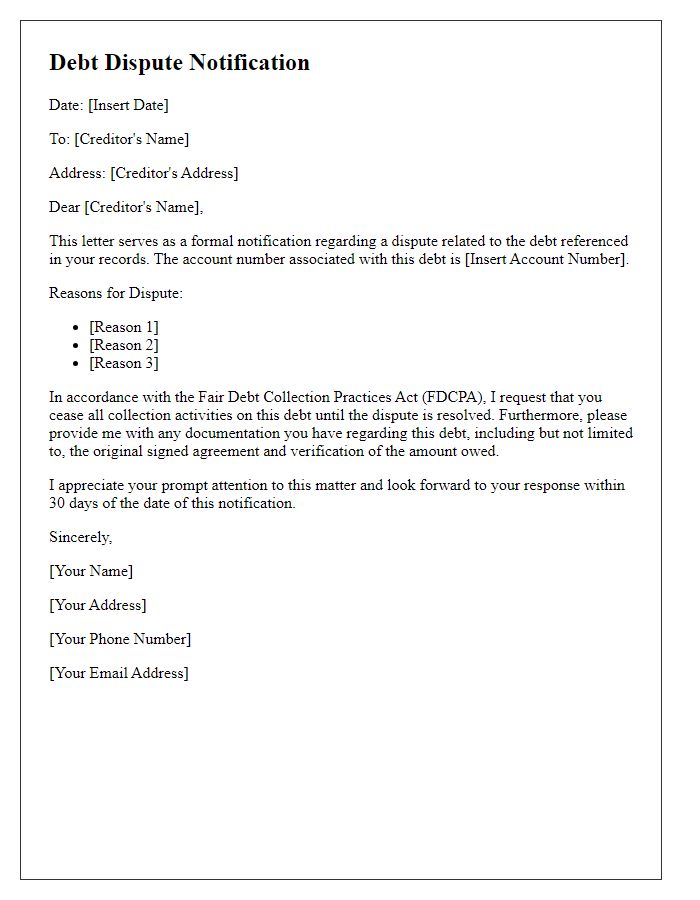 Letter template of monitored debt dispute notification