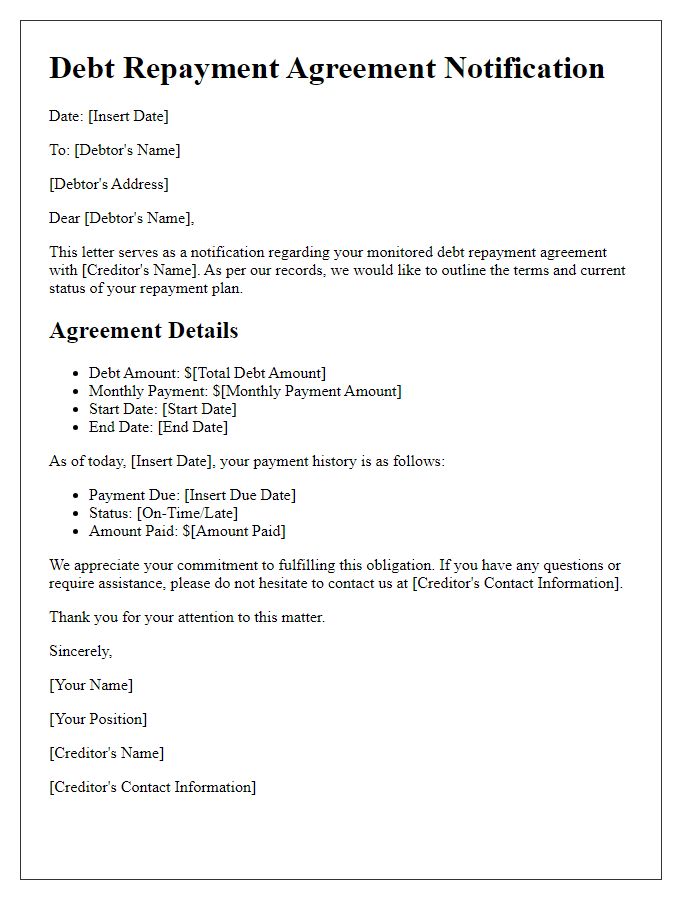 Letter template of monitored debt repayment agreement notification