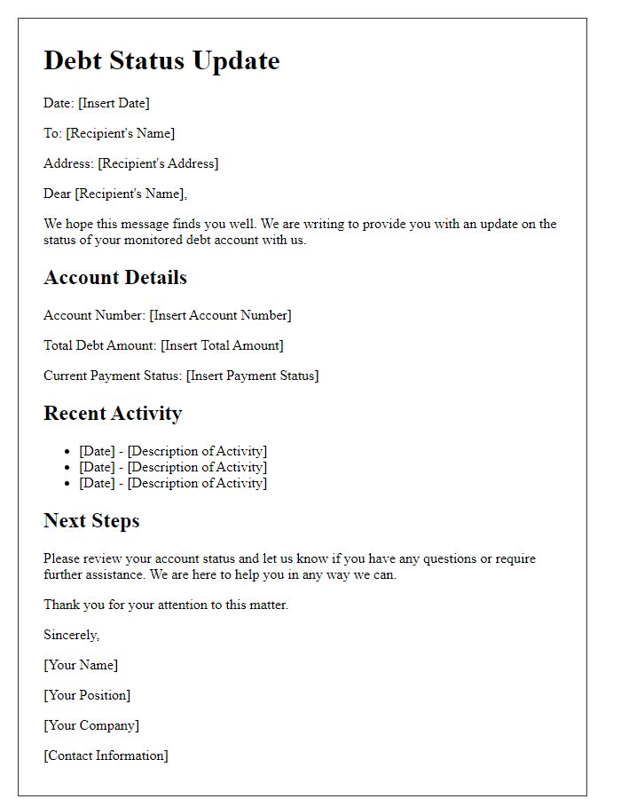 Letter template of monitored debt status update