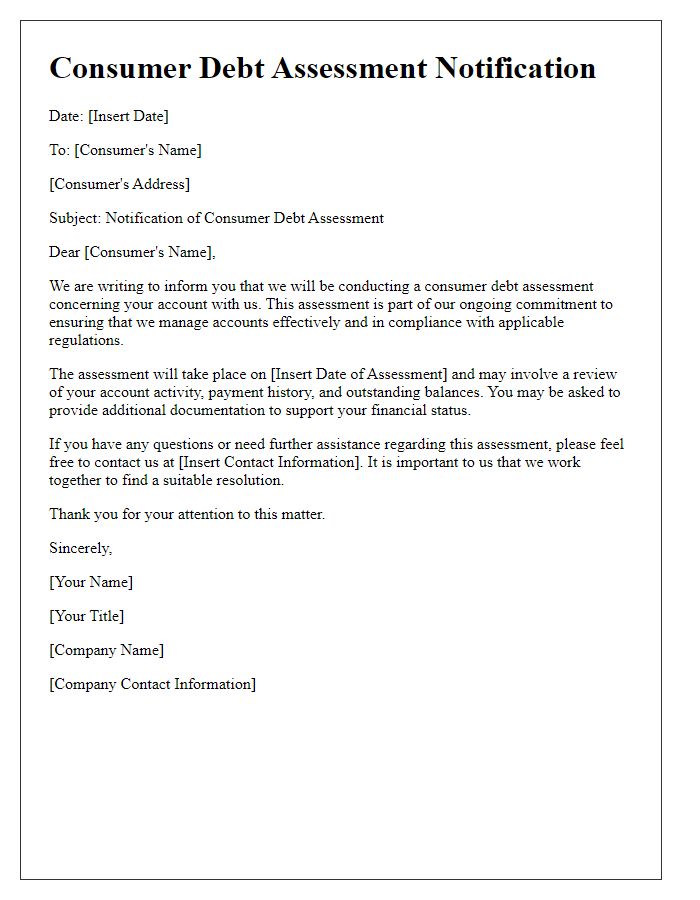 Letter template of consumer debt assessment notification