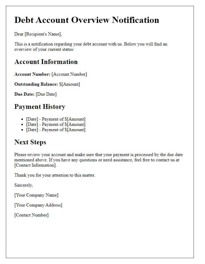 Letter template of debt account overview notification