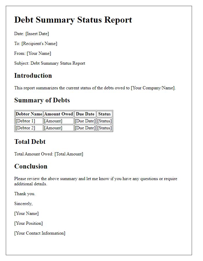 Letter template of debt summary status report