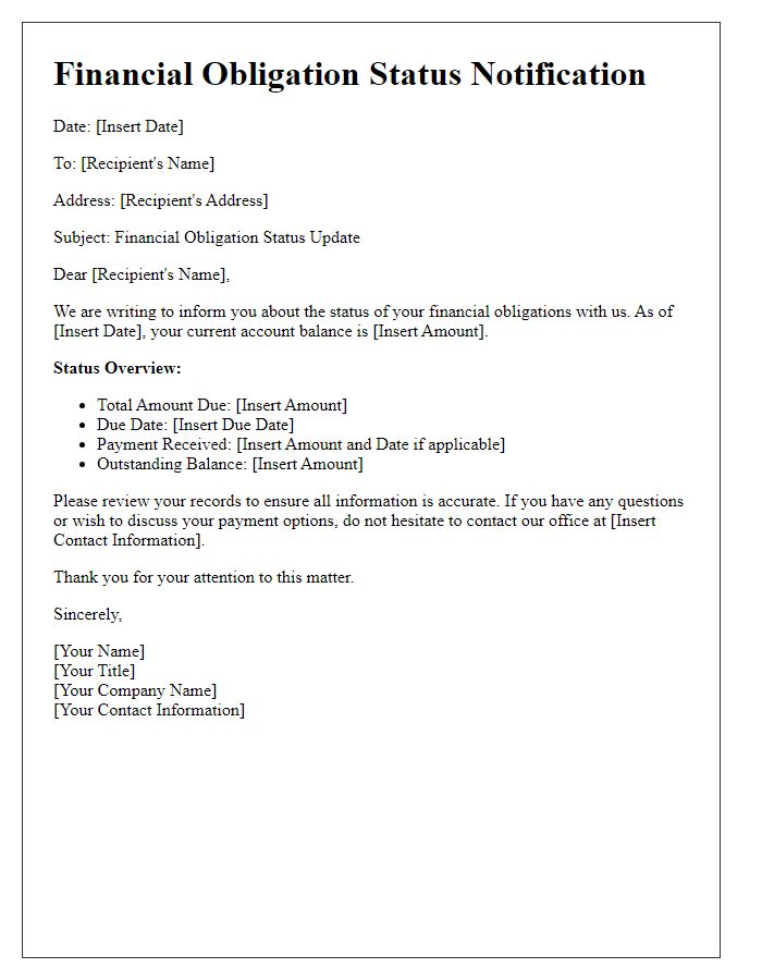 Letter template of financial obligation status communication