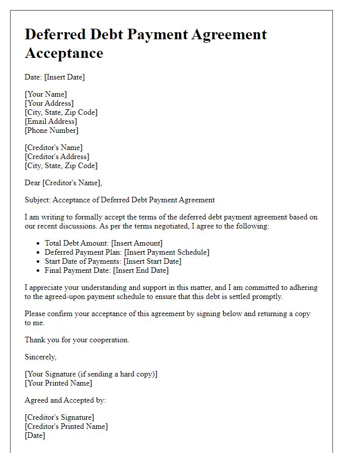 Letter template of deferred debt payment agreement acceptance