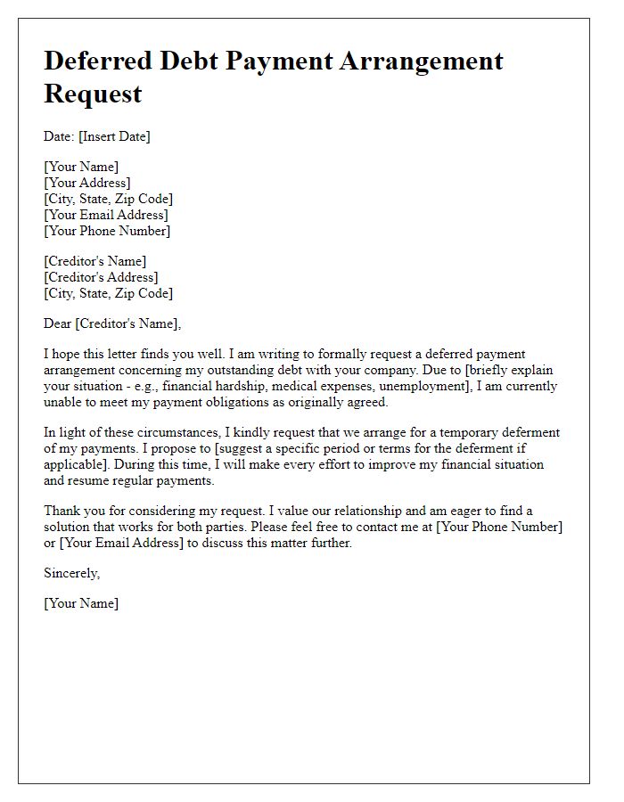 Letter template of deferred debt payment arrangement request