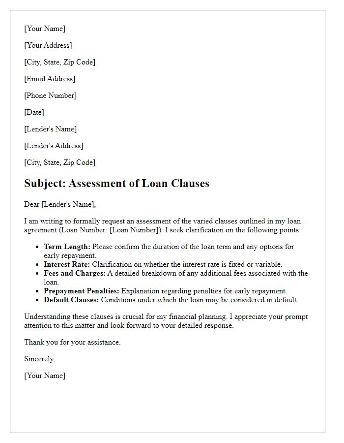 Letter template of assessment for varied loan clauses