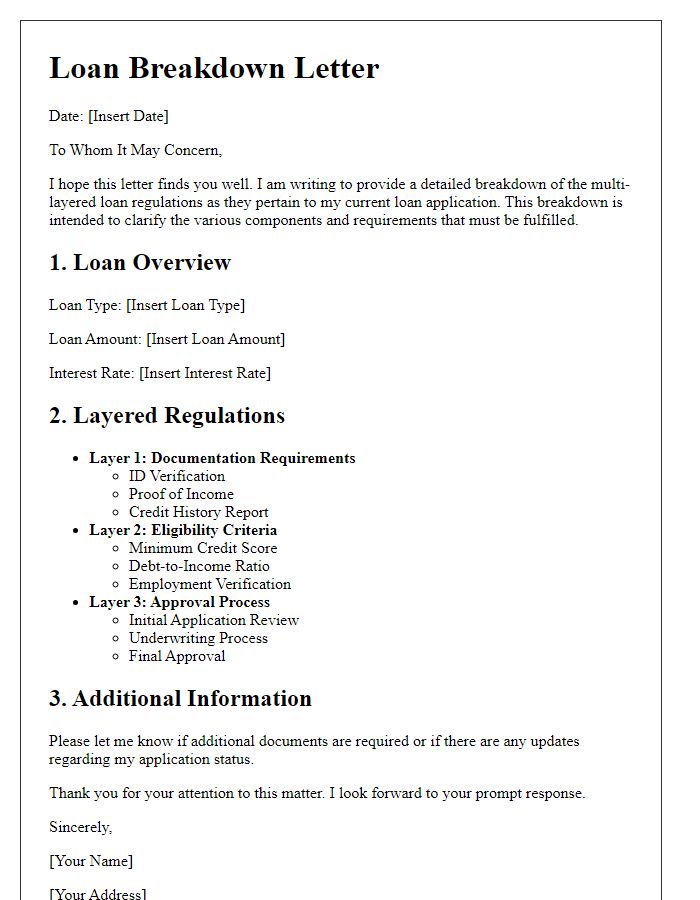 Letter template of breakdown for multi-layered loan regulations