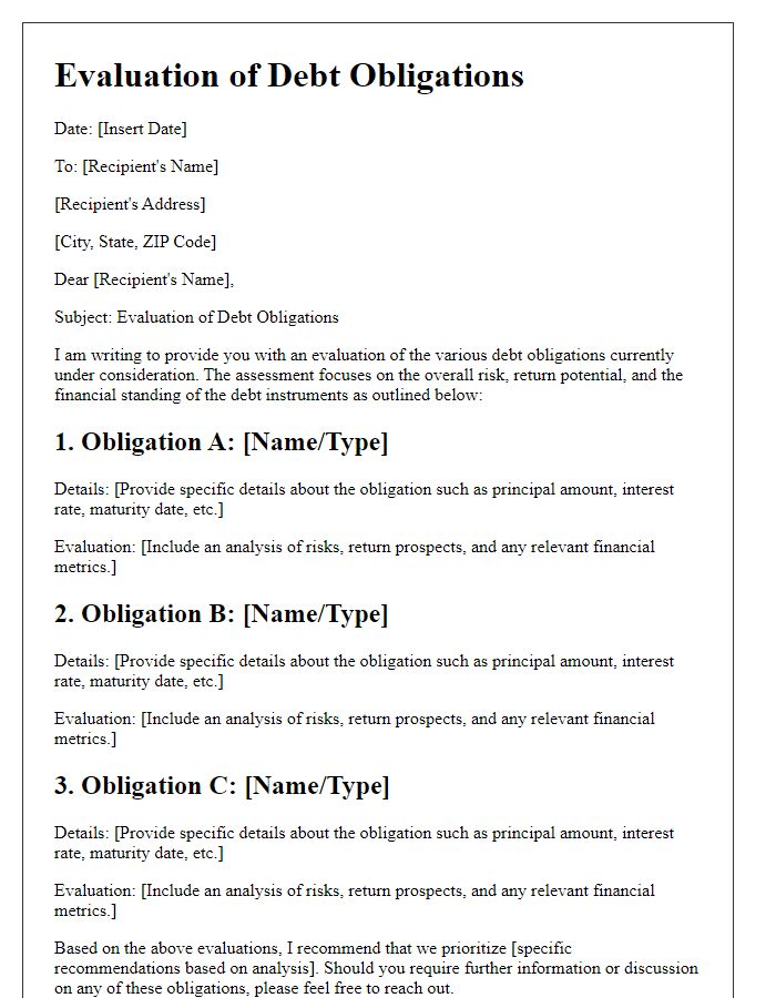 Letter template of evaluation of different debt obligations