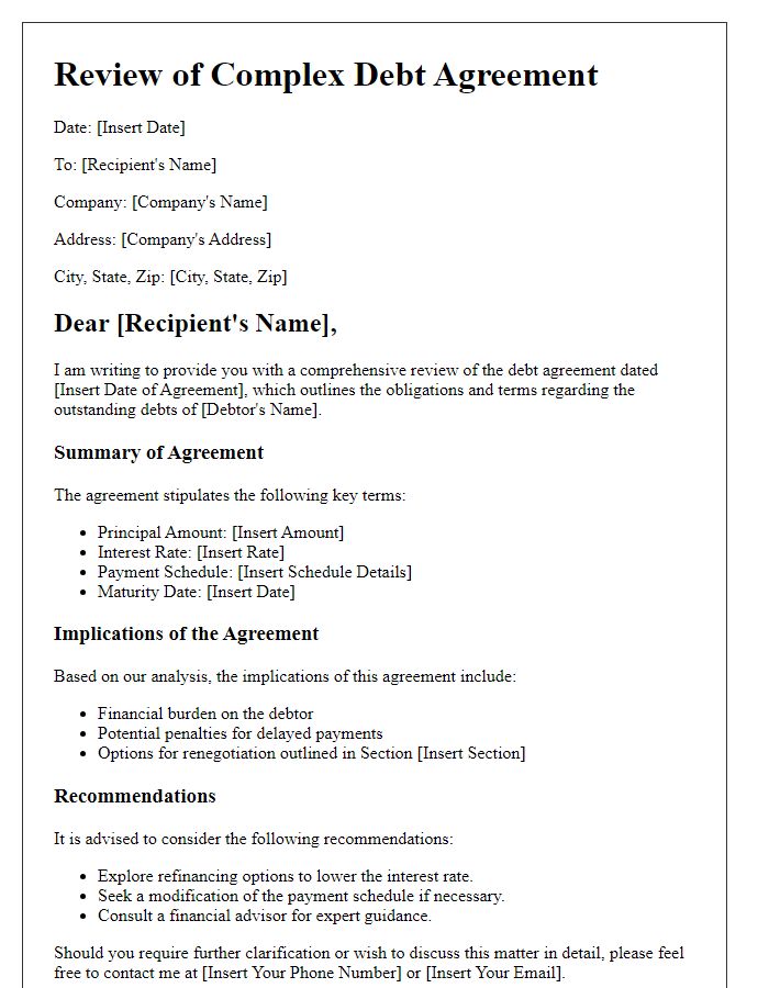 Letter template of review for complex debt agreements