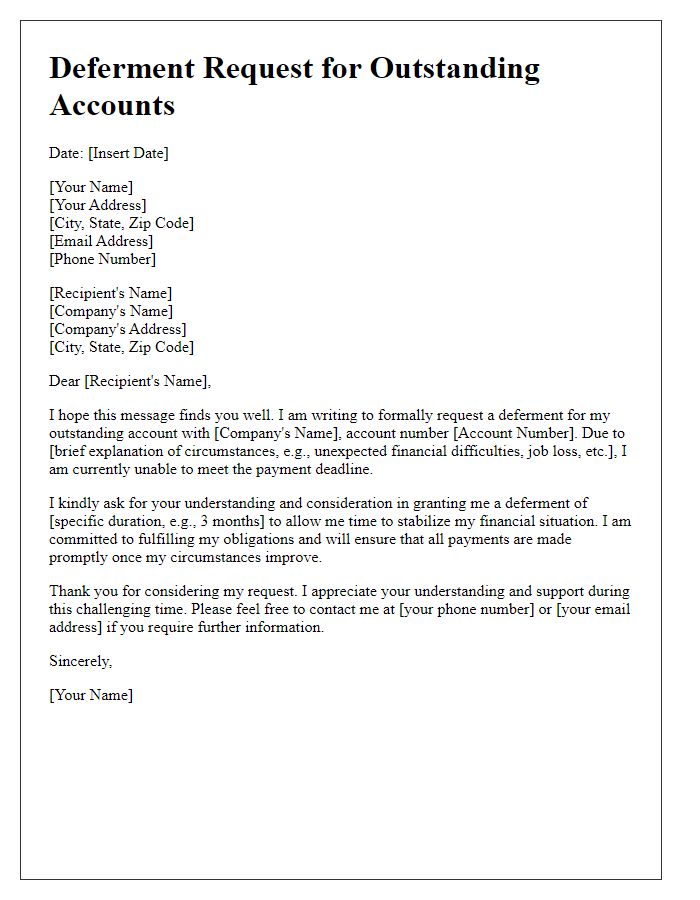 Letter template of deferment request for outstanding accounts