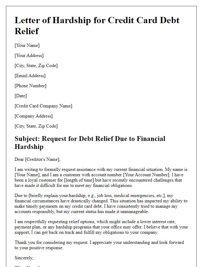 Letter template of hardship letter for credit card debt relief