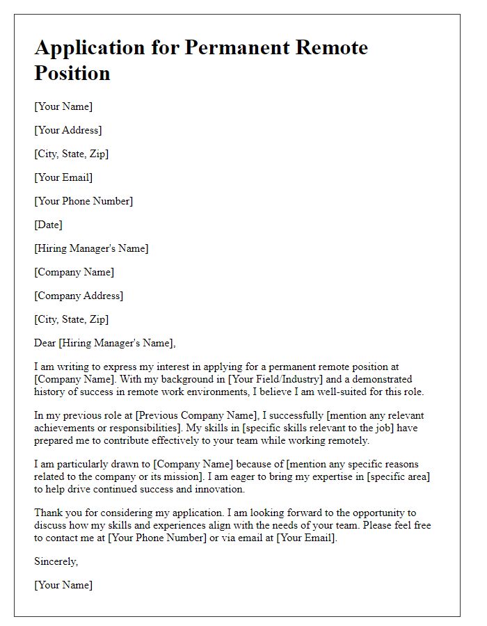 Letter template of remote job application request for a permanent remote role.