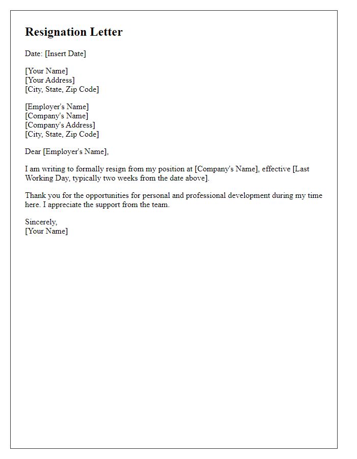 Letter template of concise resignation letter