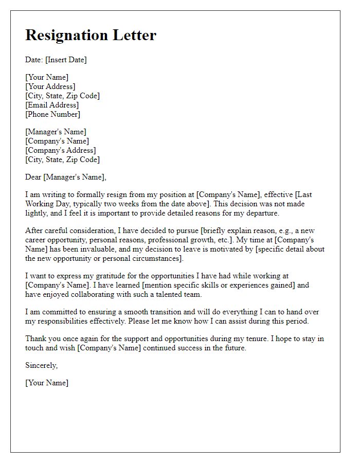 Letter template of detailed resignation explanation