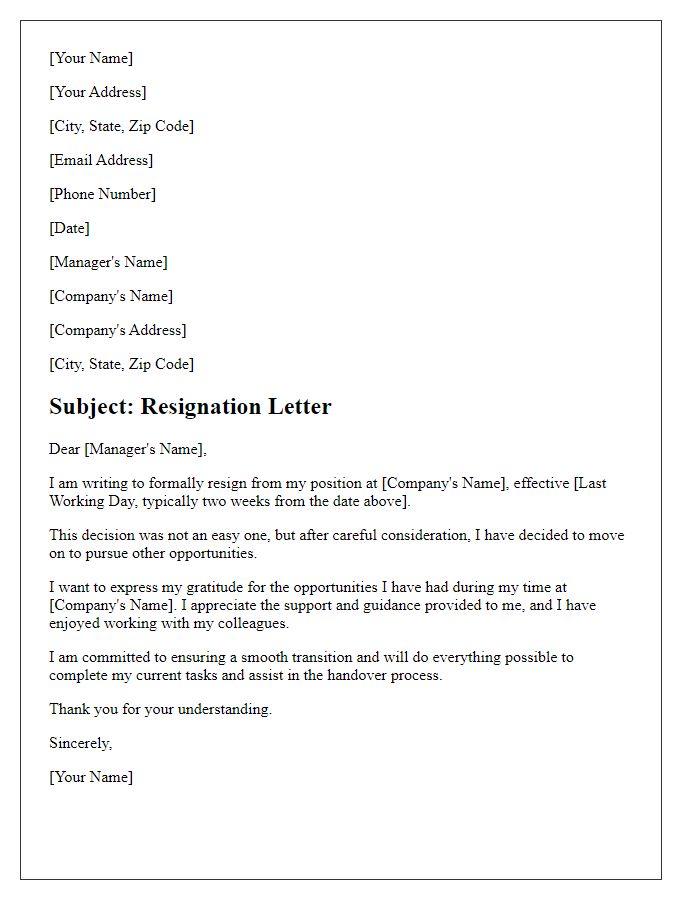 Letter template of straightforward job resignation