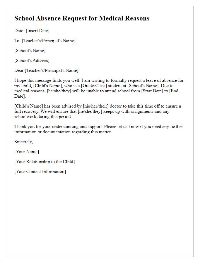 Letter template of school absence request for medical reasons.