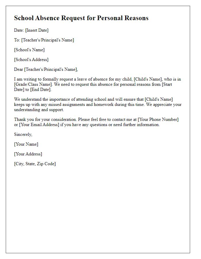 Letter template of school absence request for personal reasons.