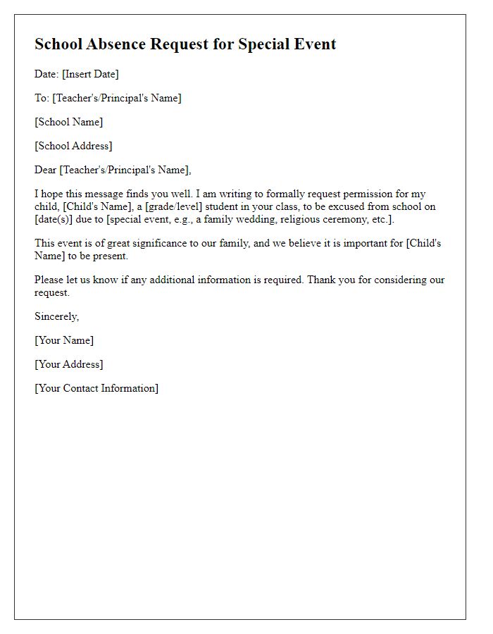 Letter template of school absence request for special events.