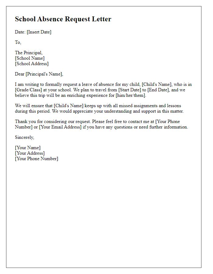 Letter template of school absence request for travel.